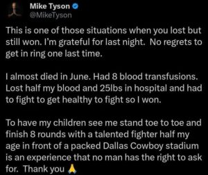 Mike Tyson releases his first statement following his loss to Jake Paul last night and revealed he "almost... See more