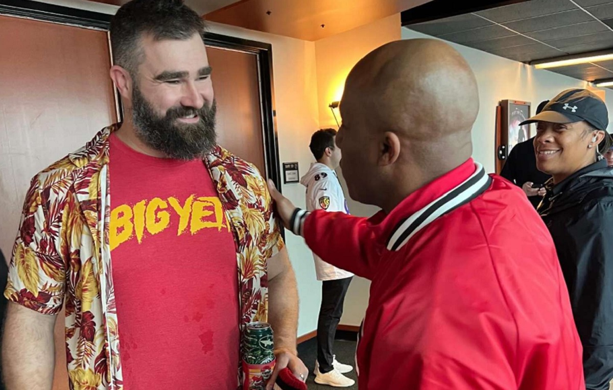 Jason Kelce Rocks a Floral Shirt — Instead of Going Shirtless — to Support Brother Travis Alongside Wife Kylie