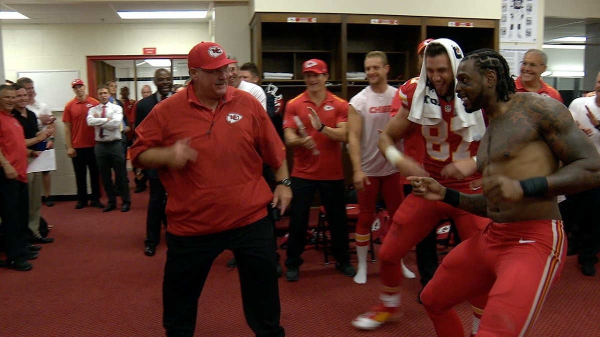 WATCH: The Moment Andy Ried and Travis Kelce in the chiefs locker Room, Reid Sets the Chiefs Locker Room on Fire with a victory Danced, he showed how excited he is with his Amazing dancing steps