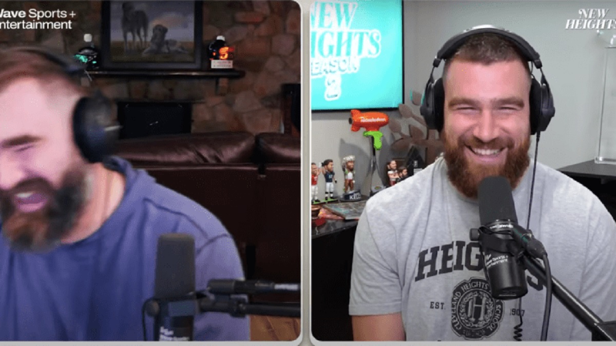 Travis Kelce tells sister-in-law Kylie that she can always ‘pop in and tell Jason he f***ing sucks’ after she accidentally interrupts the recording of their New Heights podcast